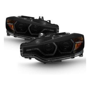 AKKON Black Smoked Dual U-LED Ring Projector Headlights for BMW F30 3-Series Sedan